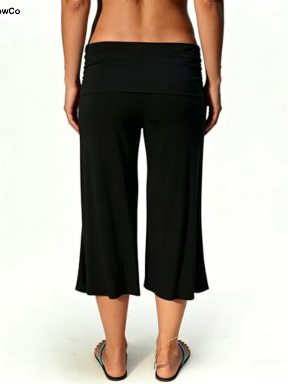 Women Low Rise Fold Over Wide Leg Capri Gaucho Pants Cotton Stretch Yoga - Picture 4 of 6